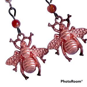 Carnelian Bead Bumble Bee Earrings Rose Gold Plated Dangle Queen Bea Orange